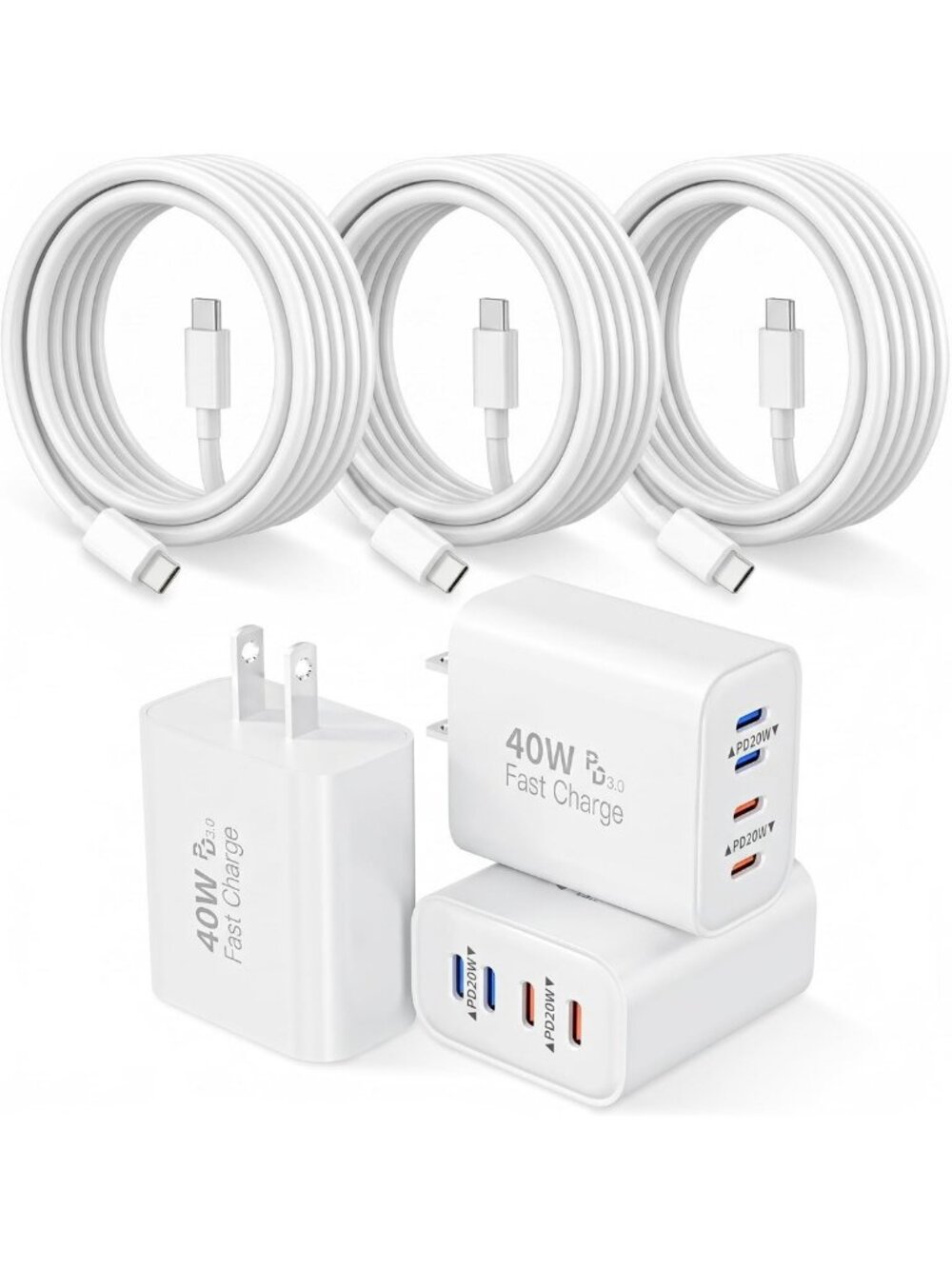 Fast Charging 3-Pack 6FT USB C Cables & 40W Charging Block for iPhone & iPad